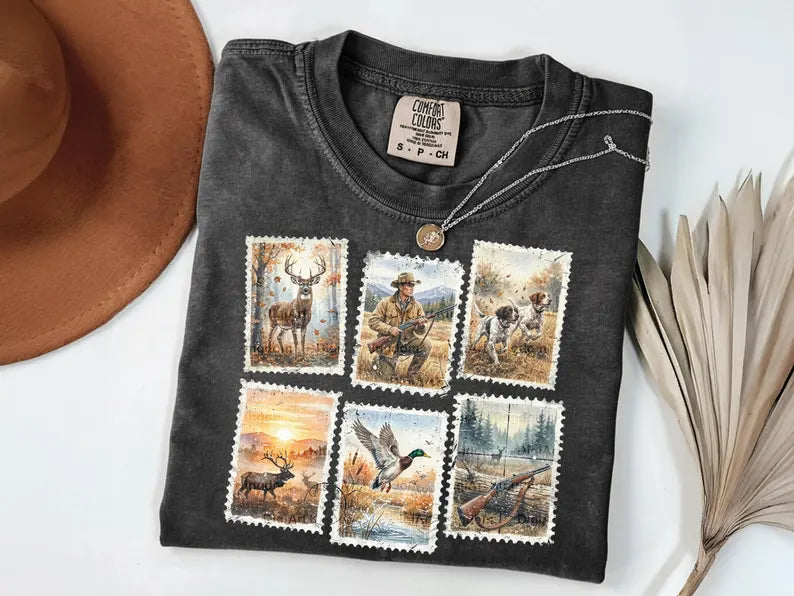 Vintage Stamps Hunting Outdoors Graphic Tee