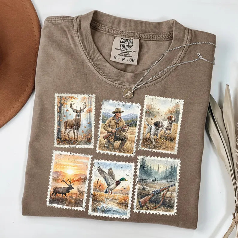 Vintage Stamps Hunting Outdoors Graphic Tee