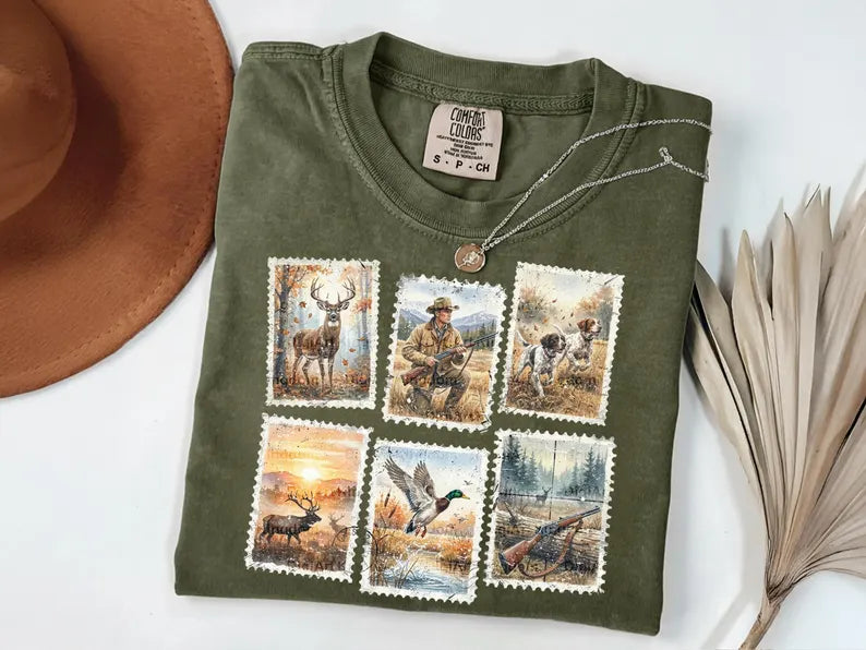 Vintage Stamps Hunting Outdoors Graphic Tee