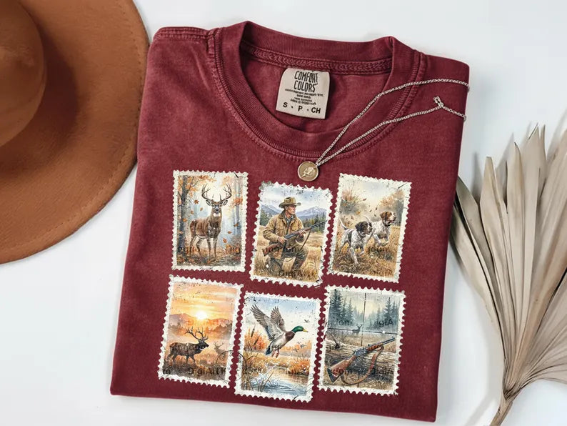 Vintage Stamps Hunting Outdoors Graphic Tee